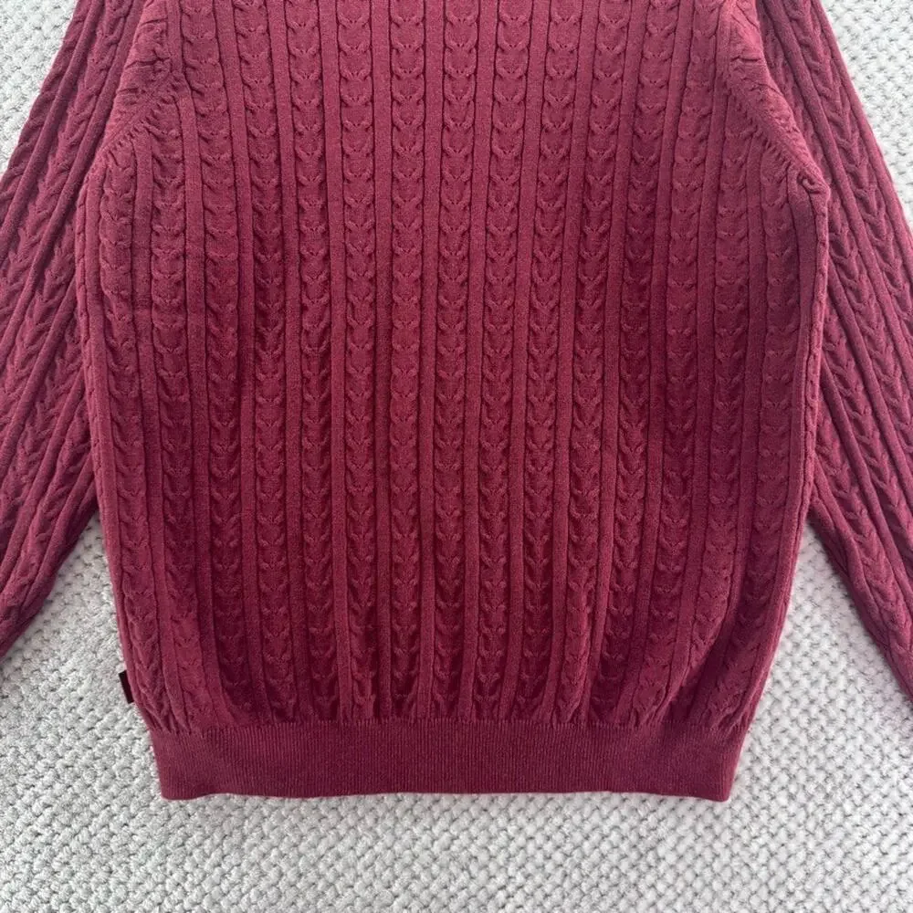 IZOD Sweater Mens L Burgundy Red Cotton Cable Knit Crew Neck Preppy Casual